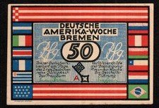 1923 GERMANY BREMEN 50 PFENNIG BANKNOTE FLAGS - NOTGELD - UNC