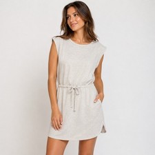 Calvin Klein Womens Blouson Dress Pullover Elastic Waist Boat Neck Beige Medium