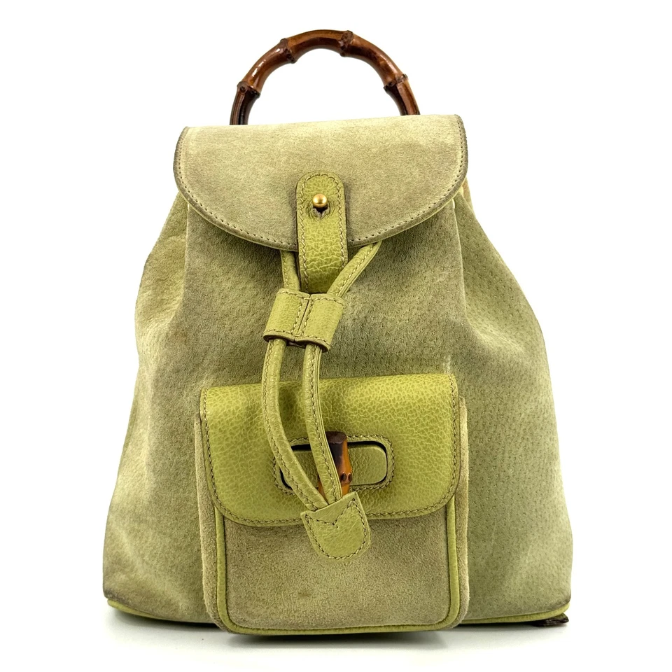 GUCCI Vintage Suede Leather Bamboo Backpack Drawstring Shoulder Bag Green Auth - Image 2 of 4