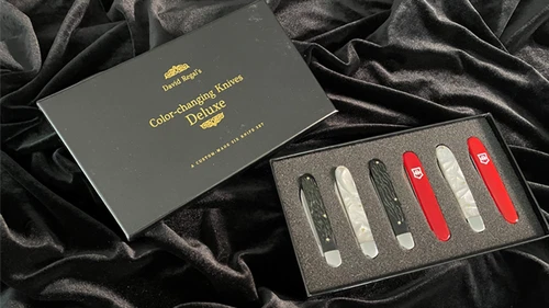 Black velvet box with “David Regal Knives” text, featuring five pearl-handled knives in red, white, and blue.