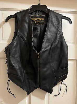 Unik Ultra Zipper Leather Motorcycle Vest Size Medium Black Lace