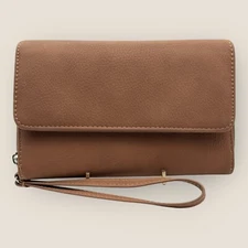 Brown Faux Leather Wallet Wristlet Card Slots Checkbook Zipper Around Snaps