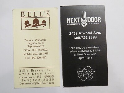 2 Brewery Business Cards ~ BELL'S & NEXT DOOR Brewing Companies ~ WISCONSIN