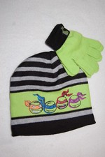 Boys TMNT NINJA TURTLES HAT  GLOVES SET Knit Beanie GREEN GRAY BLACK Winter