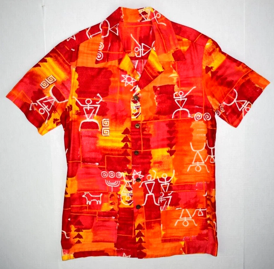 Camisa Hawaiana Vintage Años 50 Petroglifos Talla S/M Horizontal Botón Agujeros Naranja Foto 2 de 4