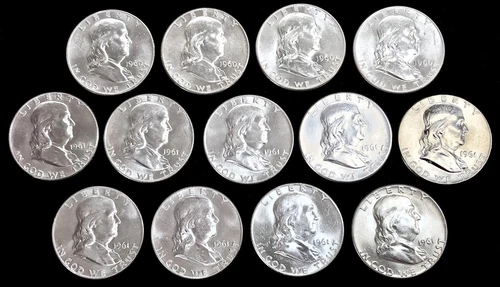 (13) 1960, 1960 D, 1961, 1961 D SILVER FRANKLIN HALF DOLLAR LOT AU+- BU