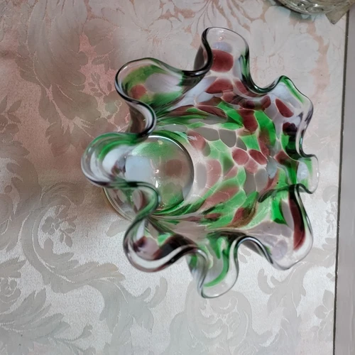 Hand Blown Ruffled Top Vase Purple, green, white and Clear.