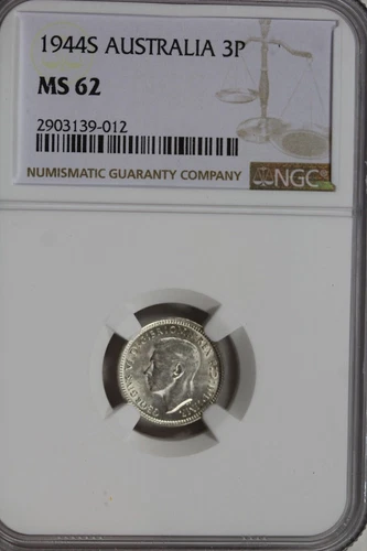 1944 S Australia 3 Pence : NGC MS62 Blazing White