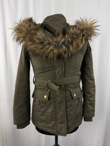Womens Miss Selfridges Coat parka Petite Faux Fur Hooded Green Cotton Size 8 - Picture 21 of 22
