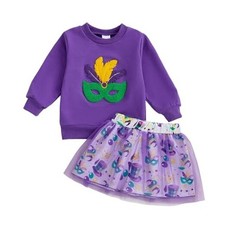 Kids Toddler Girl Mardi Gras Outfit Crewneck 12-18 Months Mask Purple