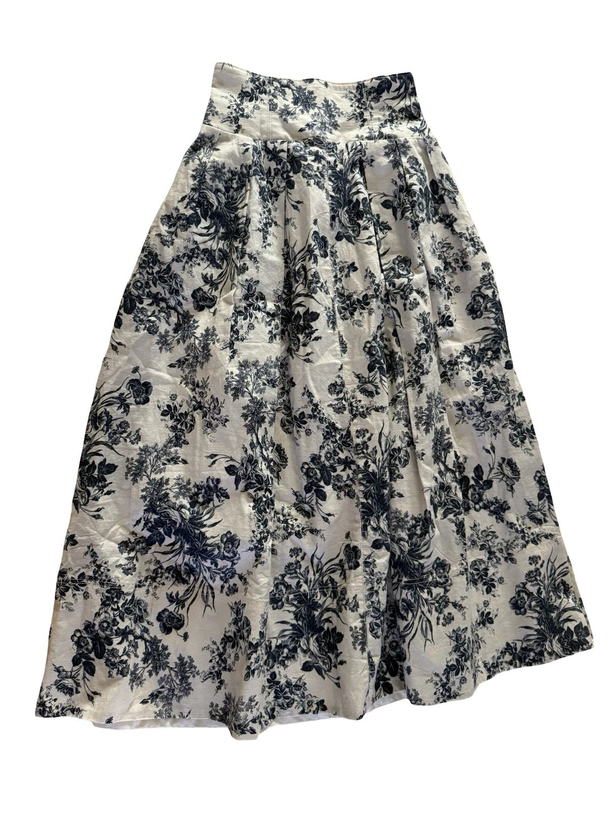 Lily Brown Toile Linen Floral Midi Skirt Cottagecore High Waist Pleated Cotton 0