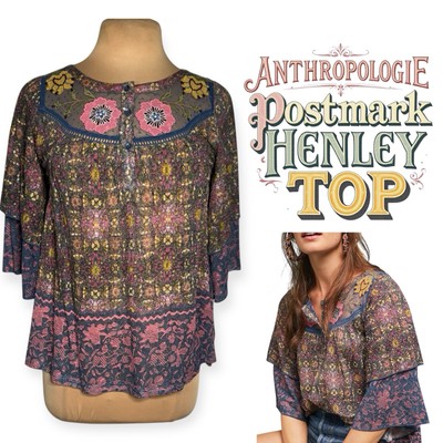 Anthropologie Blue Multicolor Embroidered Henley Top by Postmark Size Small