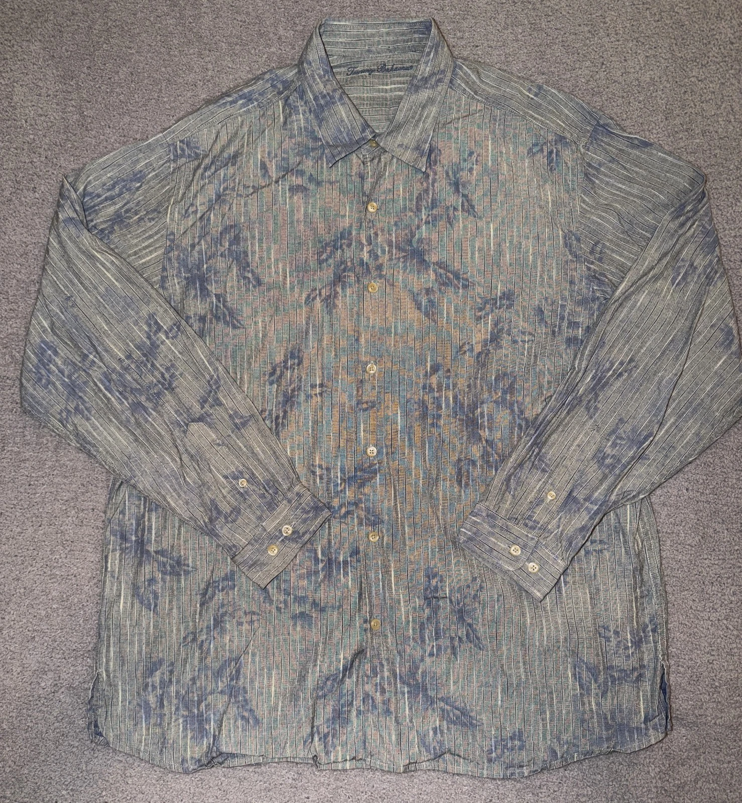 Tommy Bahama Men’s XL Blue Striped Island Floral Lyocell Cotton Button Shirt