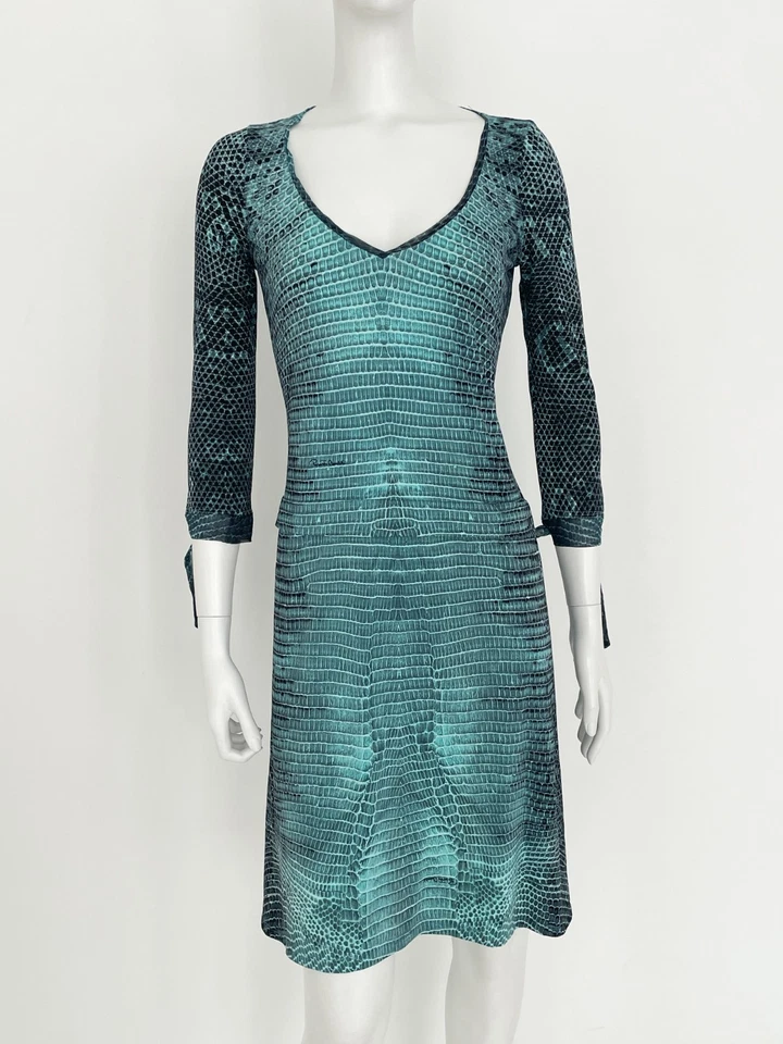 Vestido Roberto Cavalli Vintage Piel Lagarto Patrón en Azul Turquesa - Talla S Foto 2 de 4