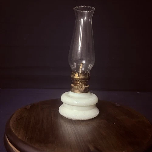 Vintage MiniatureHurricane Oil Lamp Hobnail Milk Glass, Clear Chimney, Hong Kong