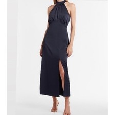 Express Womens Satin Halter Neck High Slit Maxi Dress Small Party Holiday Blue