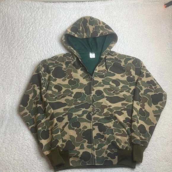 80s thermal lined men's duck camo full zip hoodie vintage hunting USA made L