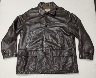 AKA Eddie Bauer leather jacket size XL brown long coat lined  button up Vintage!