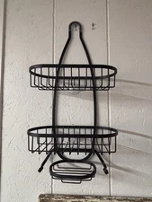 Matte Black Over-Showerhead Hanging Caddy Organizer Modern Used Bath Storage