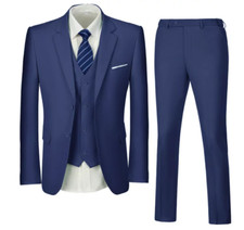 Wehilion Small Navy Blue 3 Piece Suit 2 Button Double Vented Notch Lapel 36R 30W