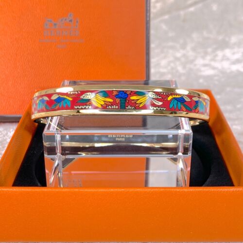 Vintage Hermes Enamel Bangle Bracelet Red Enamel Botanical Gold Rim 70 w/Box - Picture 2 of 16