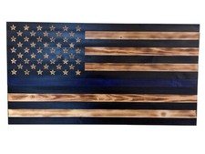 New Rustic Style American Thin Blue Line Flag Wall Art - Hand Made - Burned