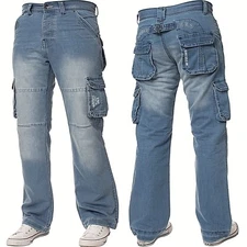 Enzo Mens Cargo Combat Jeans Denim Trousers Casual Work Pants All UK Waist Sizes