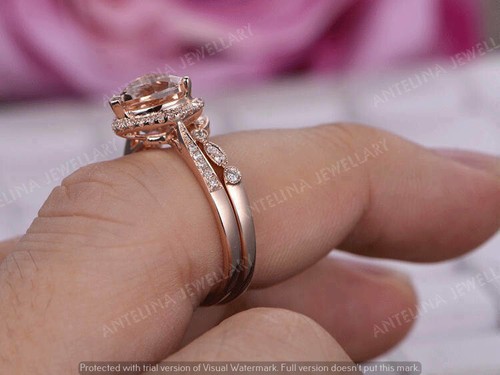 3Ct Simulated Peach Morganite Wedding Bridal Ring Set 925 Rose Gold PlatedSilver - Picture 5 of 10