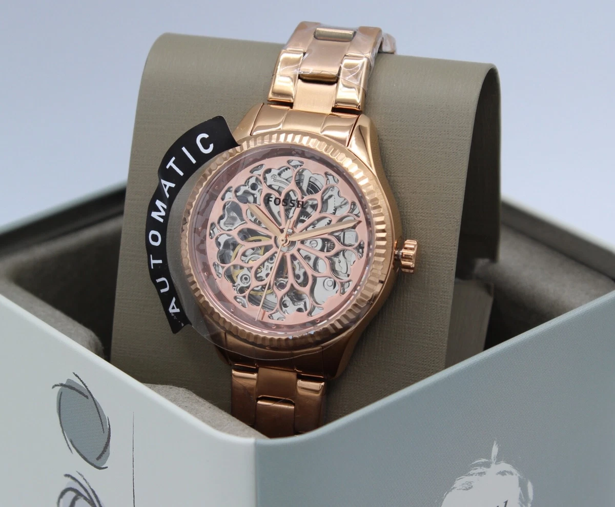 NEW AUTHENTIC FOSSIL RYE AUTOMATIC SKELETON ROSE GOLD WOMEN S