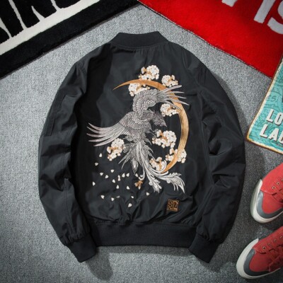 Herren Bestickt Bomber Jacke Schwarz Baseball Japanisch Oberbekleidung Top Warm