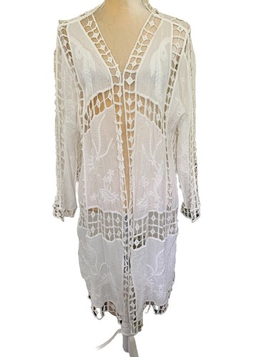 Forgotten Grace Beach Pool Cover Up L White Open 3/4 Sl Boho Crochet 100% Cotton