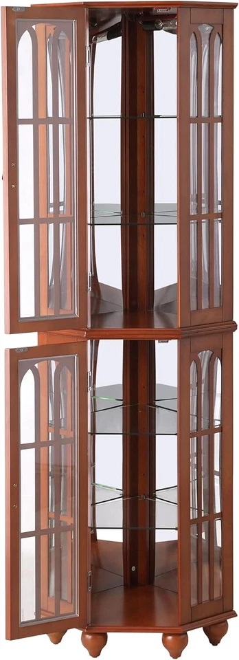 Gabinete de curiosidades esquinero de madera iluminado con respaldo espejado y estantes de vidrio ajustables Foto 4 de 4