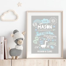 New Baby Print Nursery Art Poster Personalised Birth Details Stats Gift Bunting