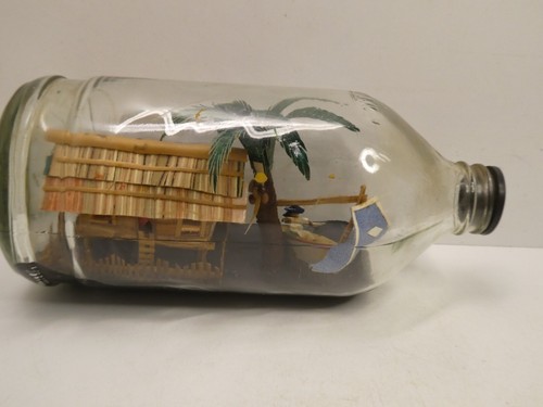 VINTAGE ASIAN VILLAGE SCENE IN A BOTTLE WITH FISHING SAIL BOAT / SHIP