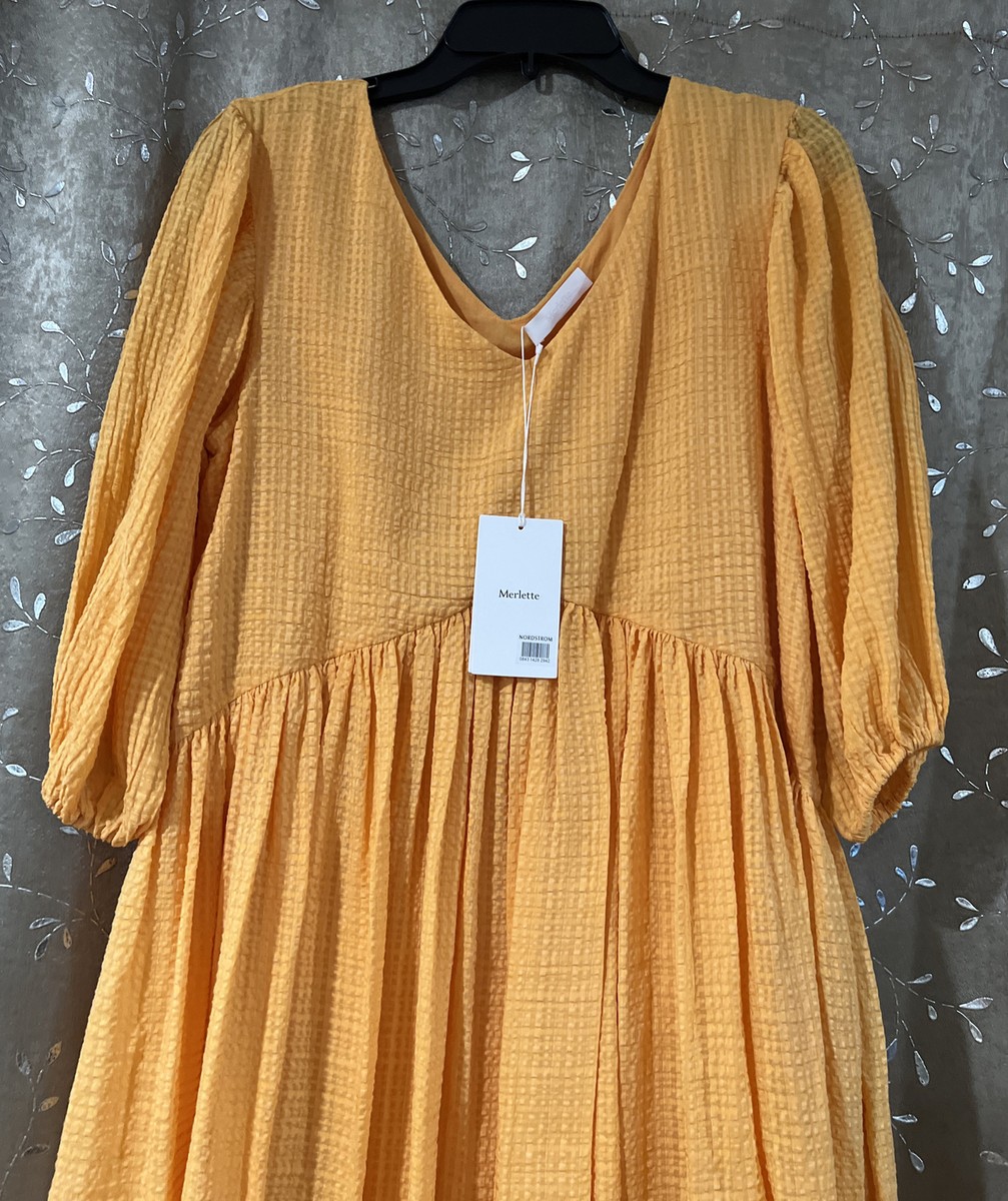 マーレット merlette miller dress Merlette Miller Textured Puff-Sleeve Dress In Tangerine SZ