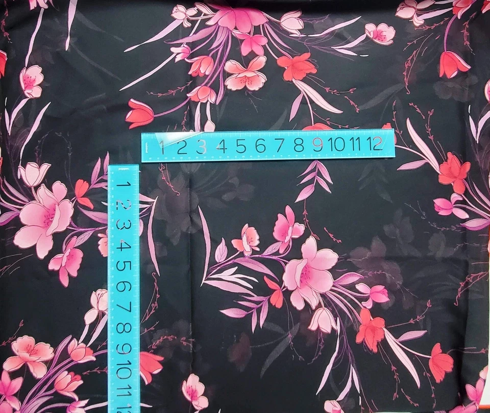 Pink Flowers on black polyester chiffon Fabric 2.75  yds X 56" - Image 4 of 4