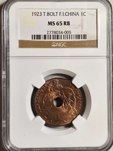 French Indochina 1 Cent 1923 Thunder Bolt NGC MS 65 RB