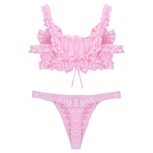 Men's Sissy Silky Satin Frilly Crop Top and Ruffled Bloomers Skirted Panties - Picture 11 of 90