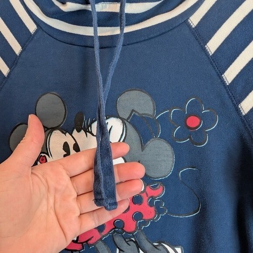 DISNEY PARKS Navy Blue Striped Mickey & Minnie Sweatshirt Hoodie Lace Trim - Picture 7 of 11