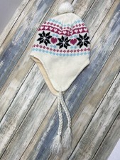 Beanie with flaps tassles Trapper Winter Hat Girls White Pink Cute Used