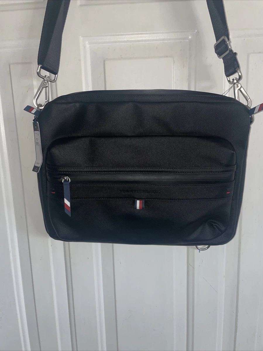 $148 Hilfiger Black Leo Logo Embossed Messenger Work Shoulder Bag | eBay