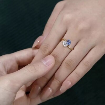 2.5 ctw Created Pear Cut Tanzanite & Diamond Promise Ring 14k Yellow Gold Plated