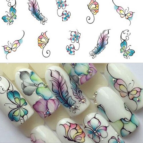 2 pièces autocollant à ongles fleur papillon vert filigrane applique nail art décoration - Photo 1 sur 9