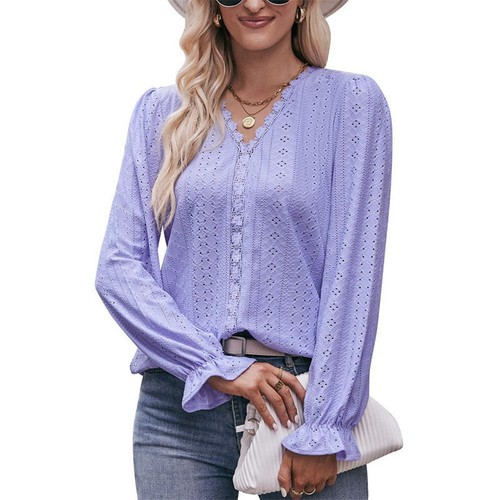 T-shirt Solid Color Hole Lace Women's Clothing V-neck Long Sleeve Top Fashion - Picture 17 of 23