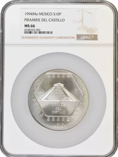 Mexico 10 pesos 1994 Mo, NGC MS66, "Piramide Del Castillo" 5oz solver coin