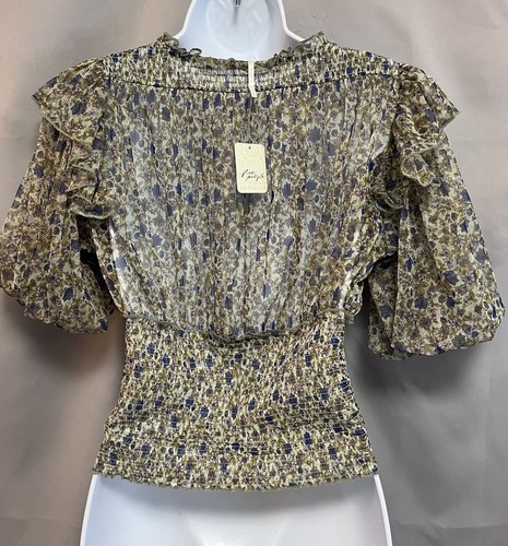 Free People Beatrice Ruffle Blouse Top Floral Printed Smocked Cropped Sz S NWT - Picture 4 of 14