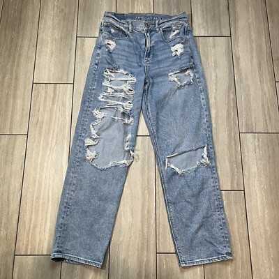 American Eagle Womens Light Wash Distressed Highest Rise 90s Boyfriend Jeans 4
