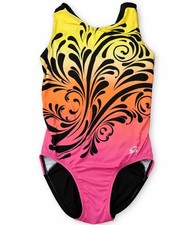 GK Elite AS Pink Yellow Orange Ombr  Swirl Gymnastics Leotard Adult Small