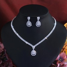 Sparkly CZ Zirconia Water Drop Necklace Earrings Silver Plated Women Jewelry Set