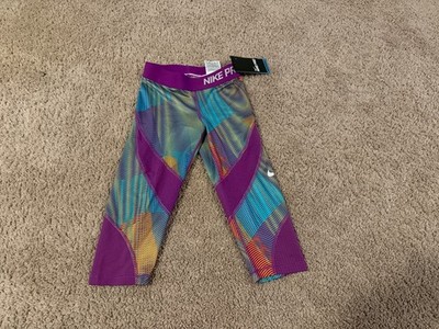Nike Air PRO girl's 3/4 capri length spandex leggings purple orange blue rare S